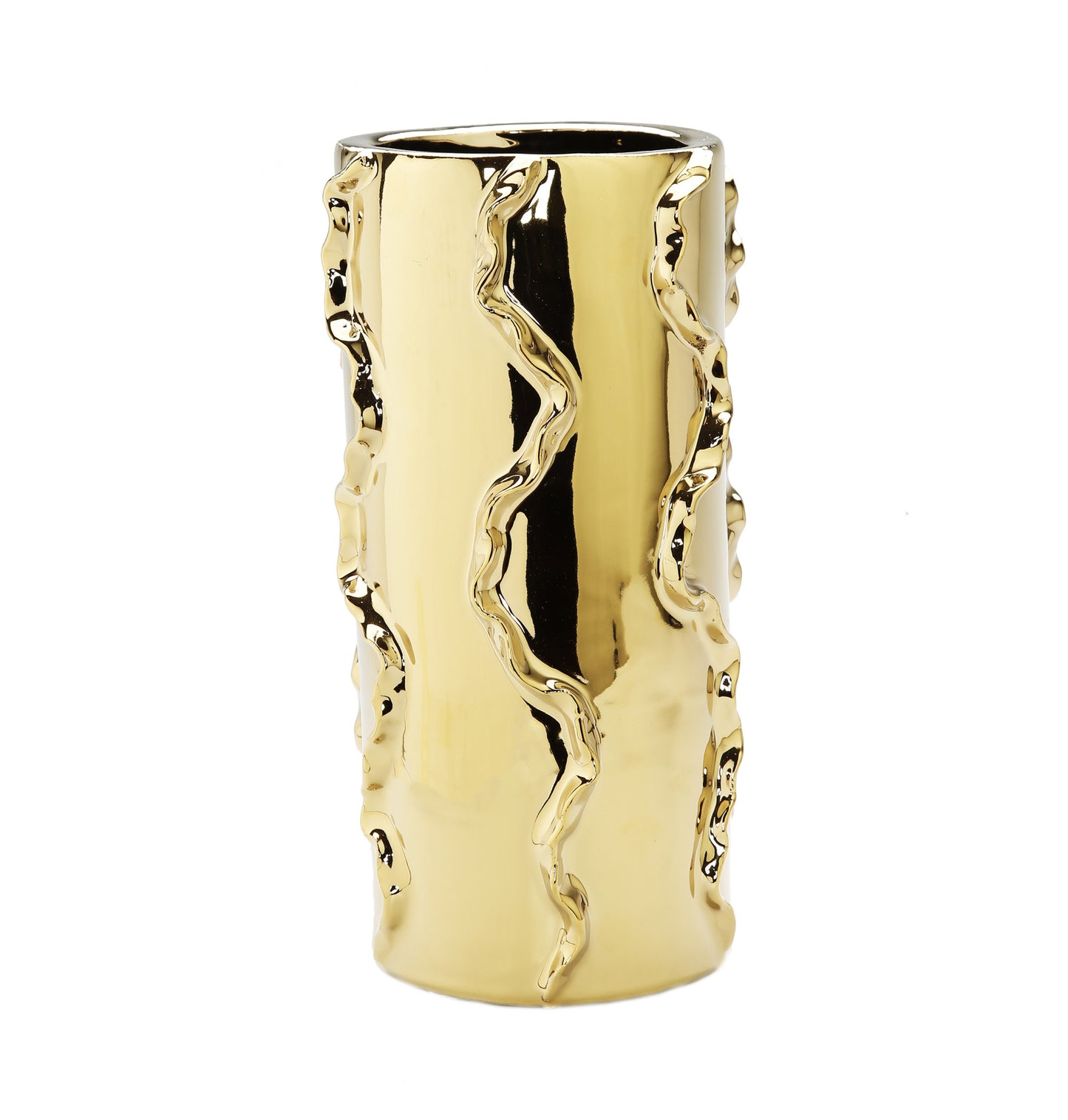 12" Gold Cylinder Ceramic Table Vase With Sculptural Details - Loft&Timber