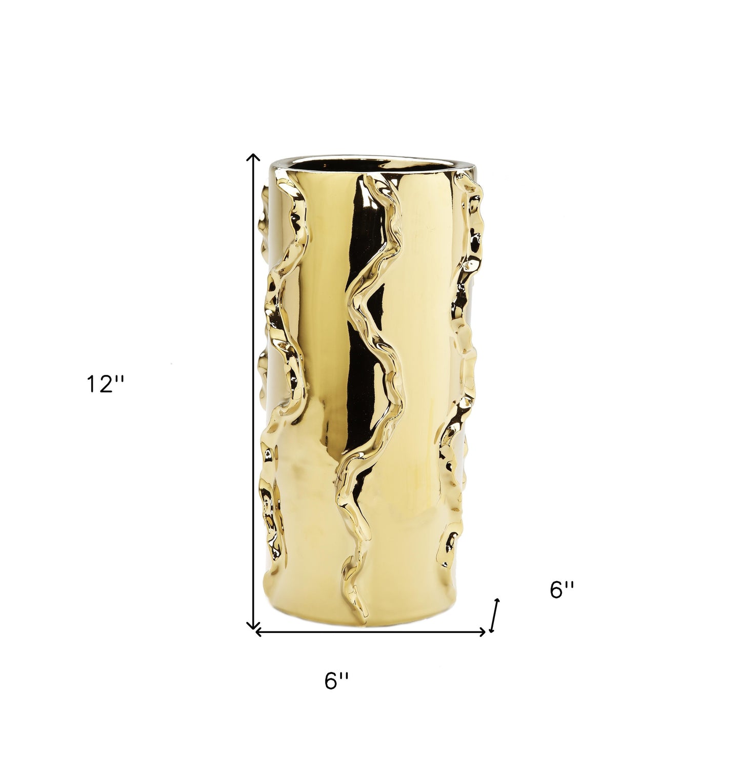 12" Gold Cylinder Ceramic Table Vase With Sculptural Details - Loft&Timber