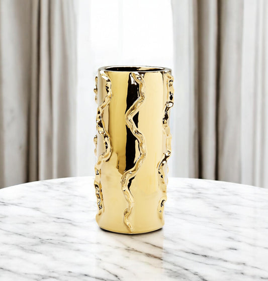 12" Gold Cylinder Ceramic Table Vase With Sculptural Details - Loft&Timber