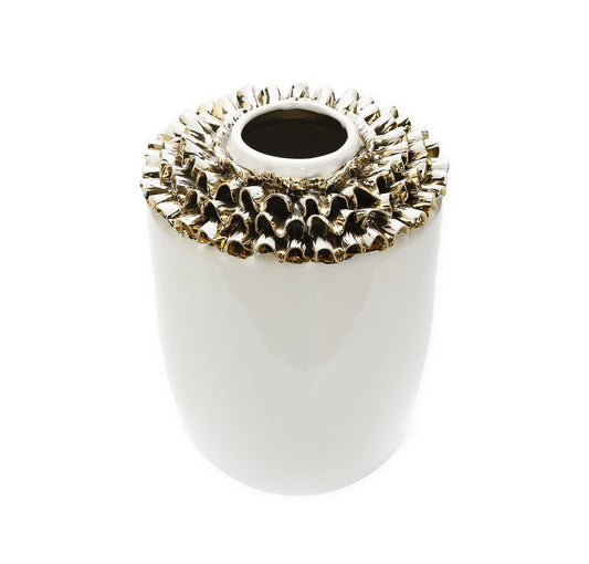 10" White Round Ceramic Table Vase With Sculptural Details - Loft&Timber