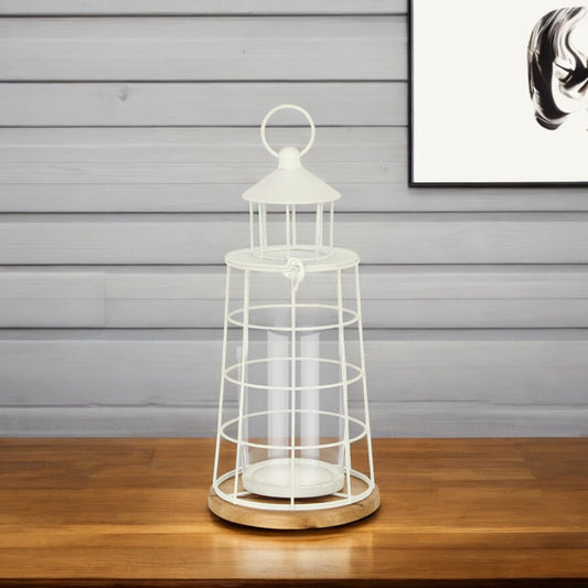 15" White And Natural Metal And Wood Lighthouse Tabletop Lantern Candle Holder - Loft&Timber