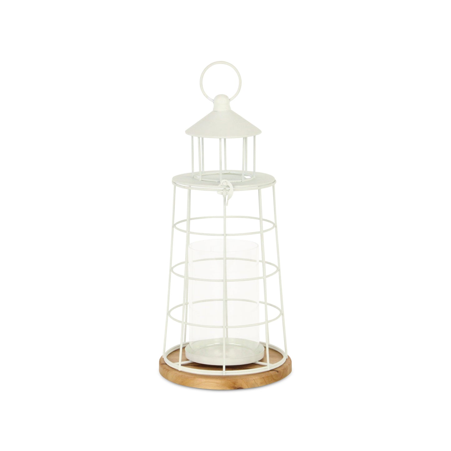 15" White And Natural Metal And Wood Lighthouse Tabletop Lantern Candle Holder - Loft&Timber