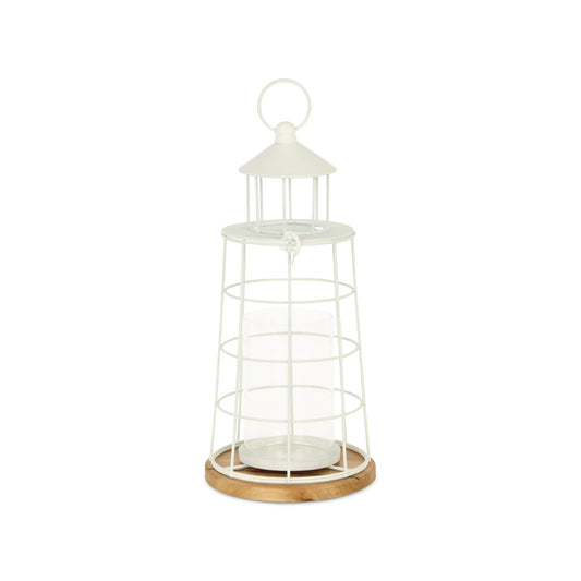 15" White And Natural Metal And Wood Lighthouse Tabletop Lantern Candle Holder - Loft&Timber