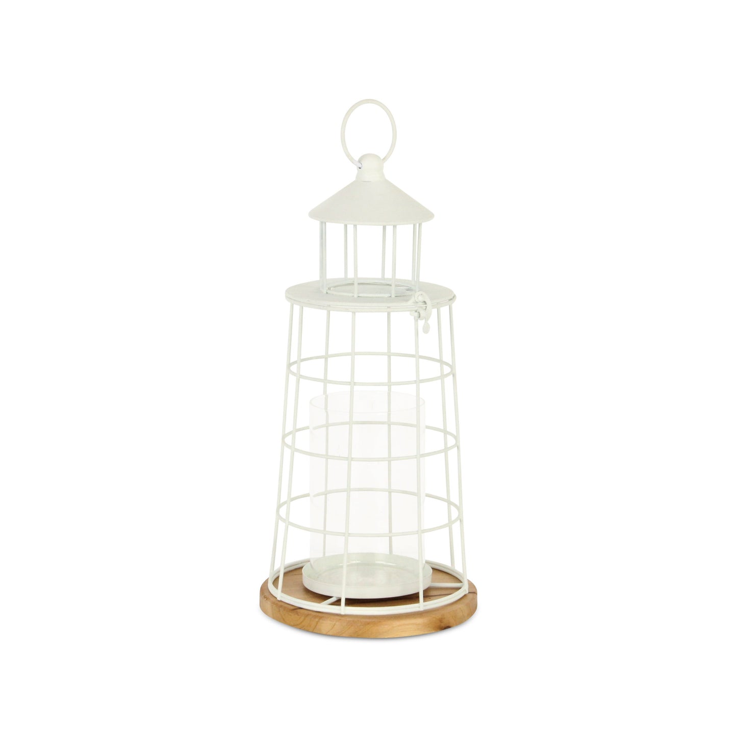 15" White And Natural Metal And Wood Lighthouse Tabletop Lantern Candle Holder - Loft&Timber