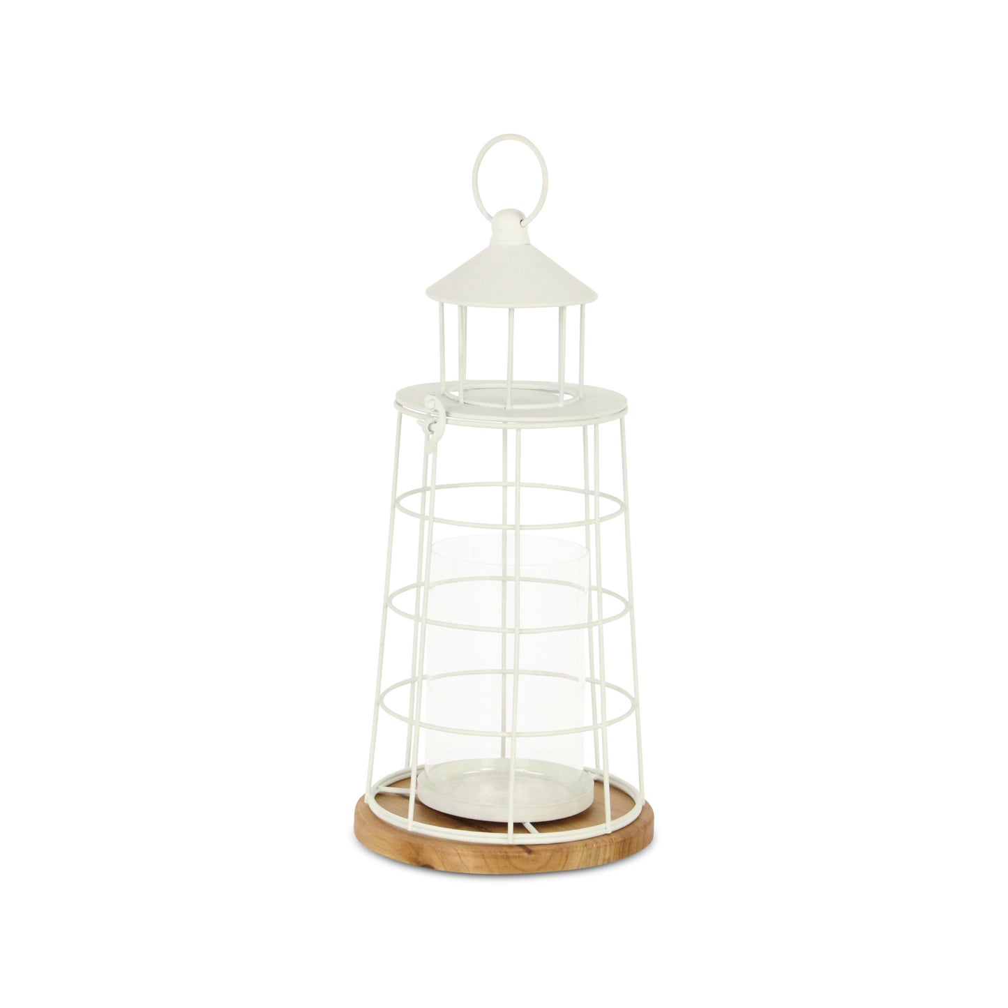 15" White And Natural Metal And Wood Lighthouse Tabletop Lantern Candle Holder - Loft&Timber