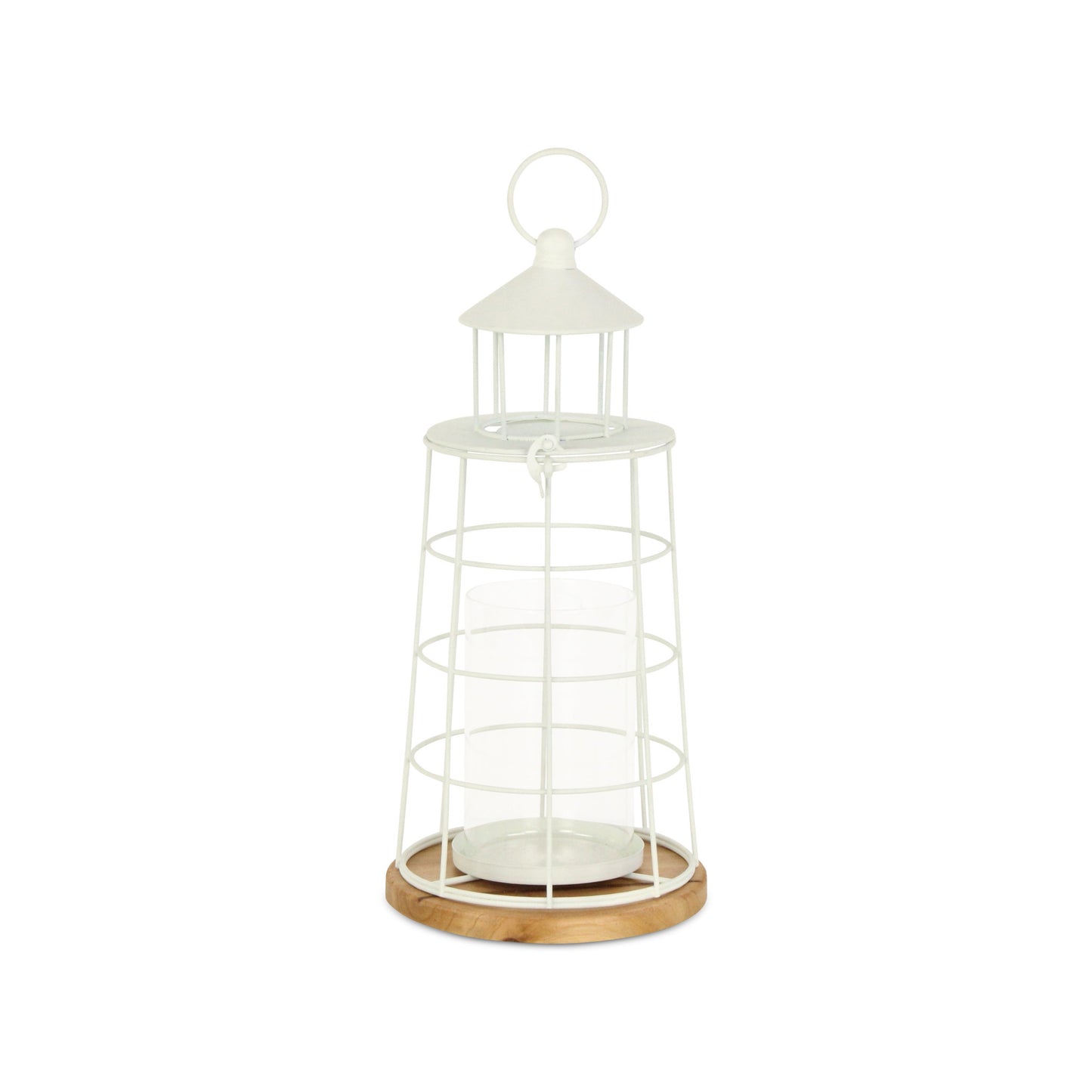 15" White And Natural Metal And Wood Lighthouse Tabletop Lantern Candle Holder - Loft&Timber