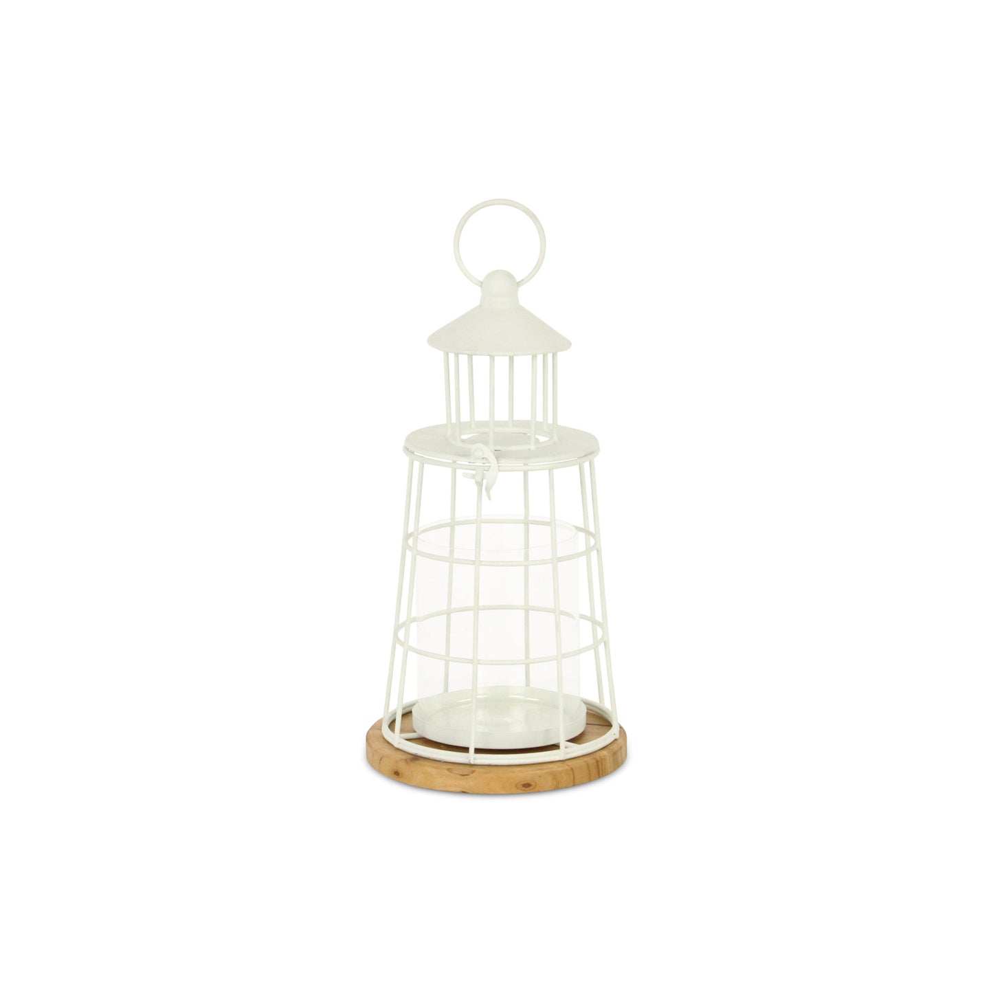 12" White And Natural Metal And Wood Lighthouse Tabletop Lantern Candle Holder - Loft&Timber