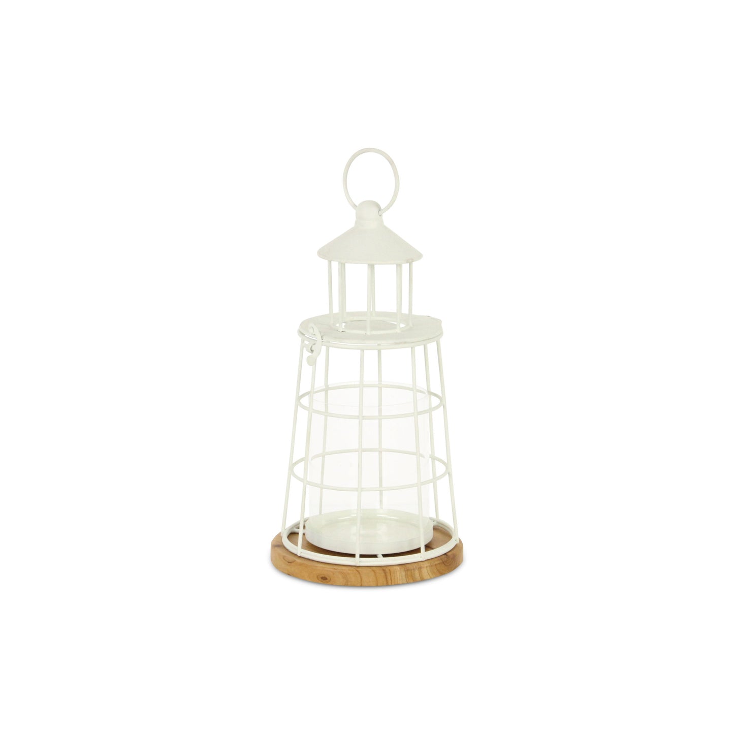 12" White And Natural Metal And Wood Lighthouse Tabletop Lantern Candle Holder - Loft&Timber