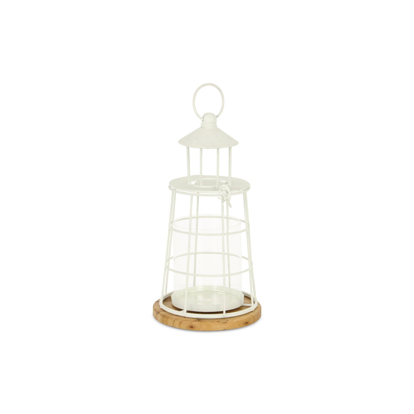 12" White And Natural Metal And Wood Lighthouse Tabletop Lantern Candle Holder - Loft&Timber