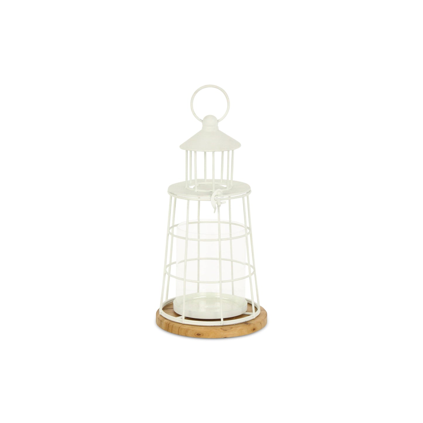 12" White And Natural Metal And Wood Lighthouse Tabletop Lantern Candle Holder - Loft&Timber