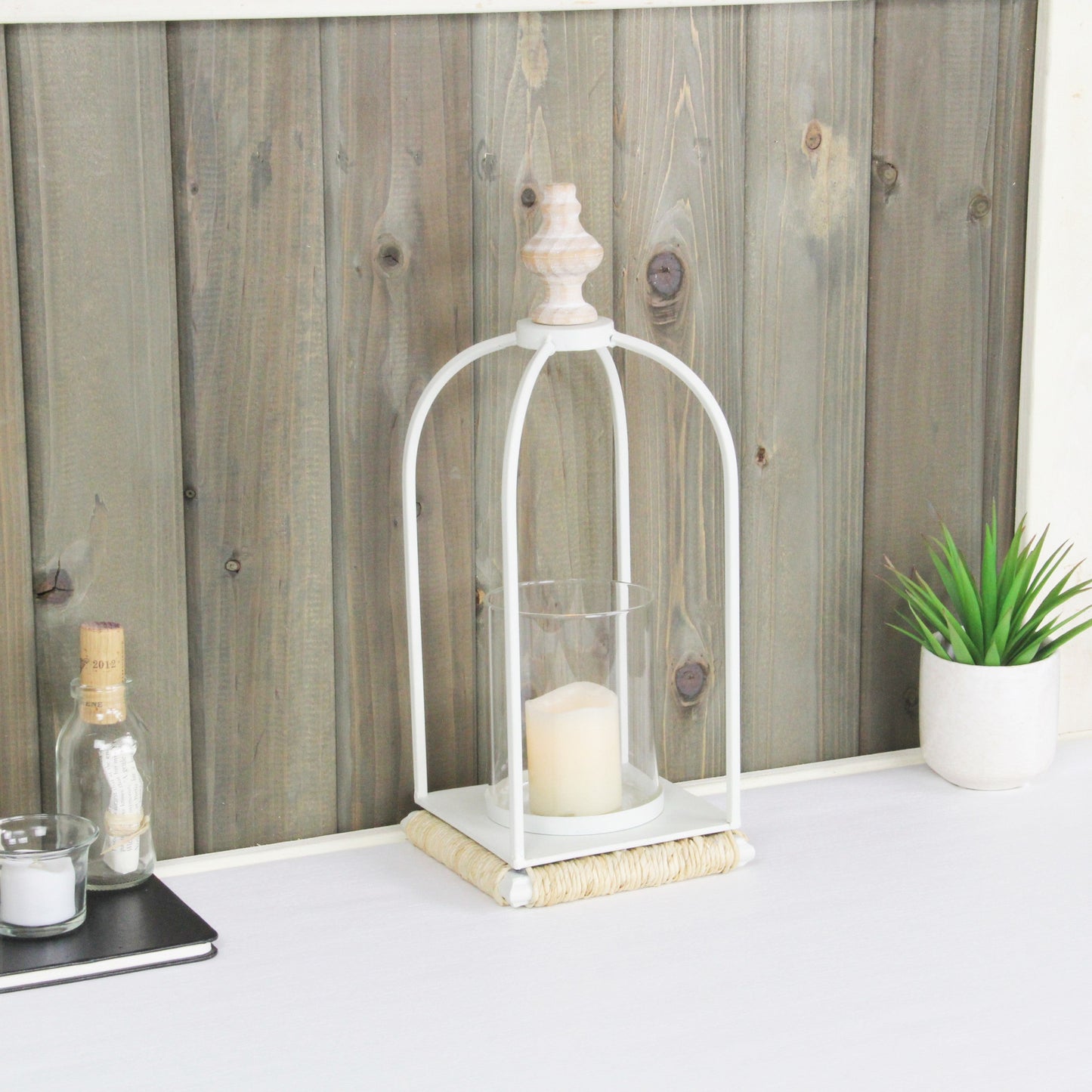 14" White Metal With Wood And Rope Tabletop Lantern Candle Holder - Loft&Timber
