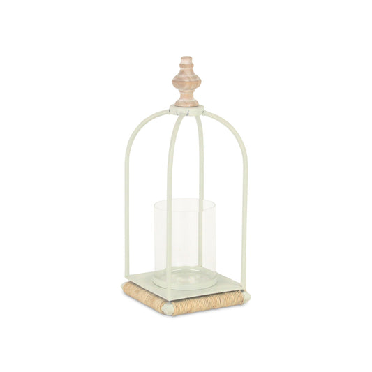 14" White Metal With Wood And Rope Tabletop Lantern Candle Holder - Loft&Timber
