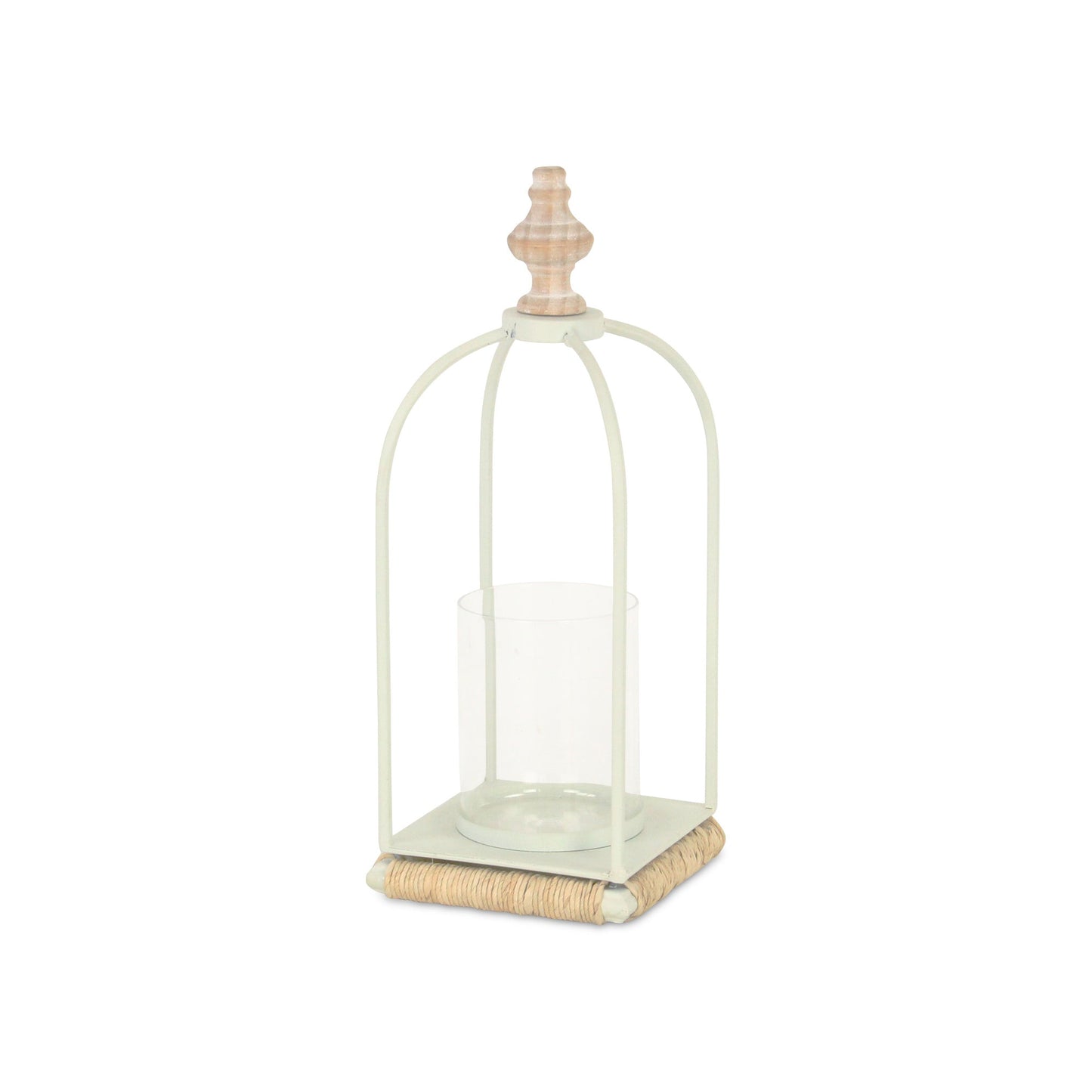 14" White Metal With Wood And Rope Tabletop Lantern Candle Holder - Loft&Timber