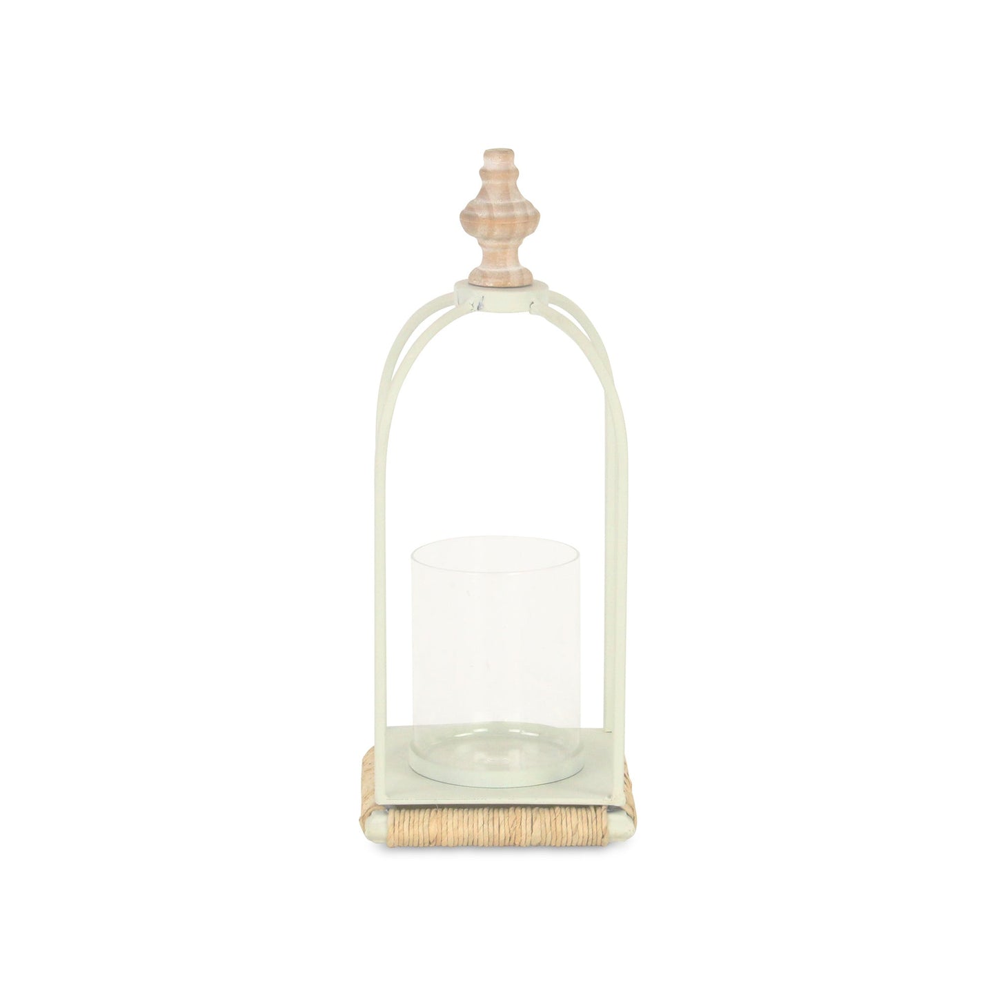 14" White Metal With Wood And Rope Tabletop Lantern Candle Holder - Loft&Timber