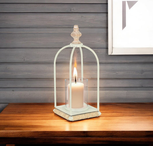 14" White Metal With Wood And Rope Tabletop Lantern Candle Holder - Loft&Timber