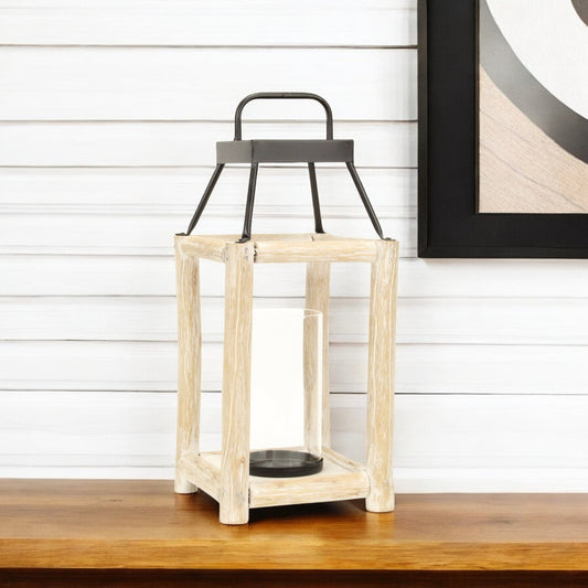 18" Black And Natural Distressed Glass Metal And Wood Tabletop Lantern Candle Holder - Loft&Timber