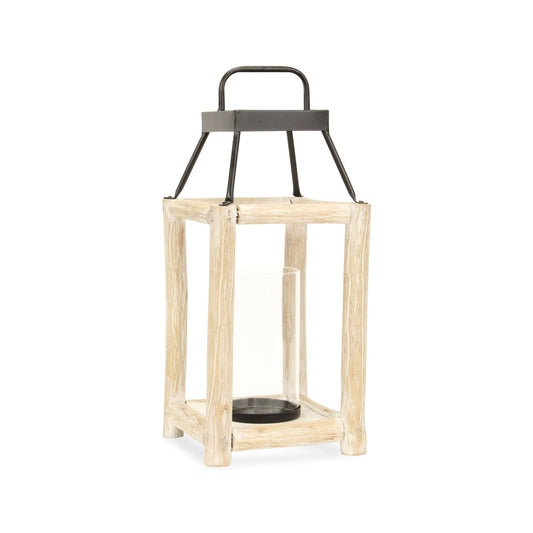 18" Black And Natural Distressed Glass Metal And Wood Tabletop Lantern Candle Holder - Loft&Timber