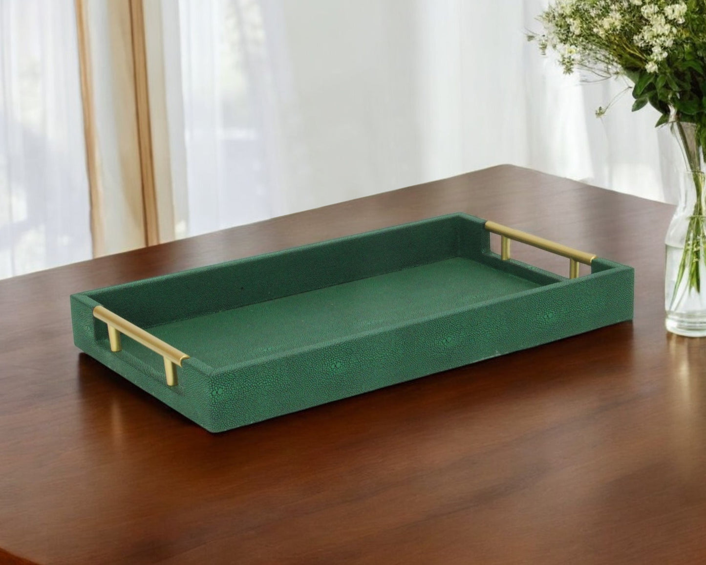 16" Green Wood Wood Faux Shagreen Serving Tray With Handles - Loft&Timber
