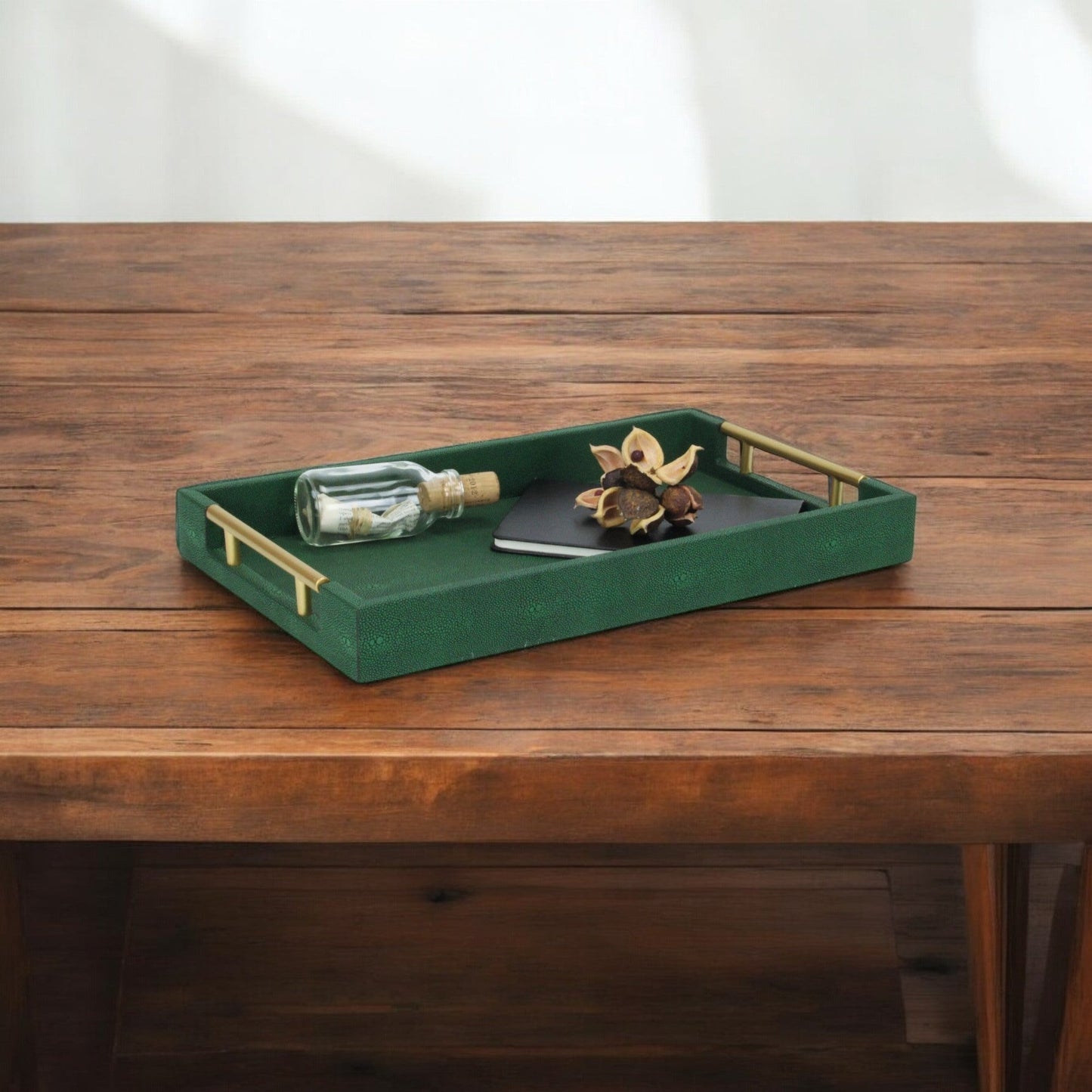 16" Green Wood Wood Faux Shagreen Serving Tray With Handles - Loft&Timber