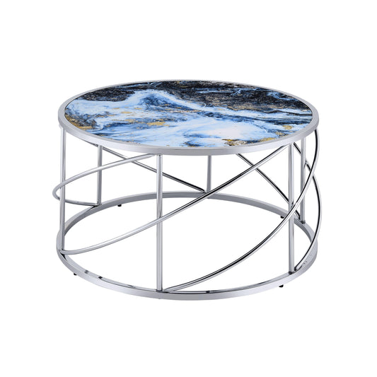 33" Blue and Silver Wood and Iron Faux Marble Geometric Frame Round Coffee Table - Loft&Timber