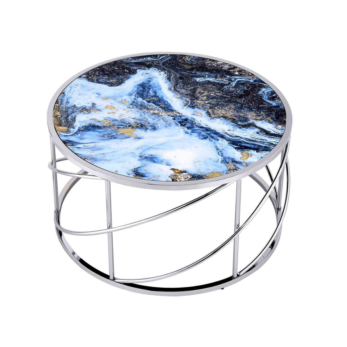 33" Blue and Silver Wood and Iron Faux Marble Geometric Frame Round Coffee Table - Loft&Timber