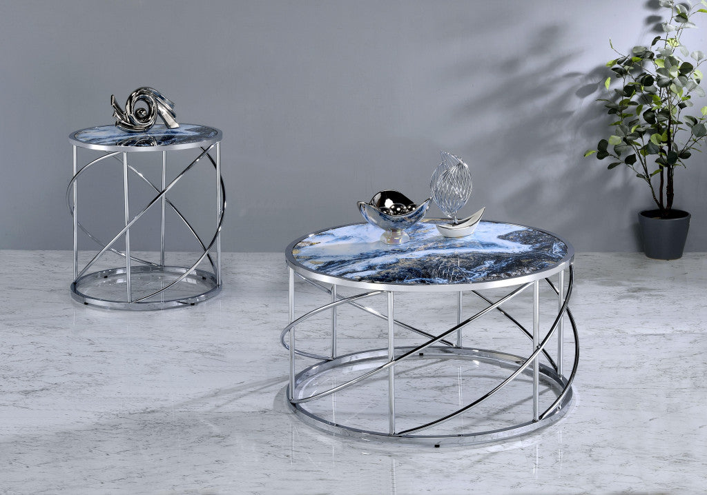 33" Blue and Silver Wood and Iron Faux Marble Geometric Frame Round Coffee Table - Loft&Timber