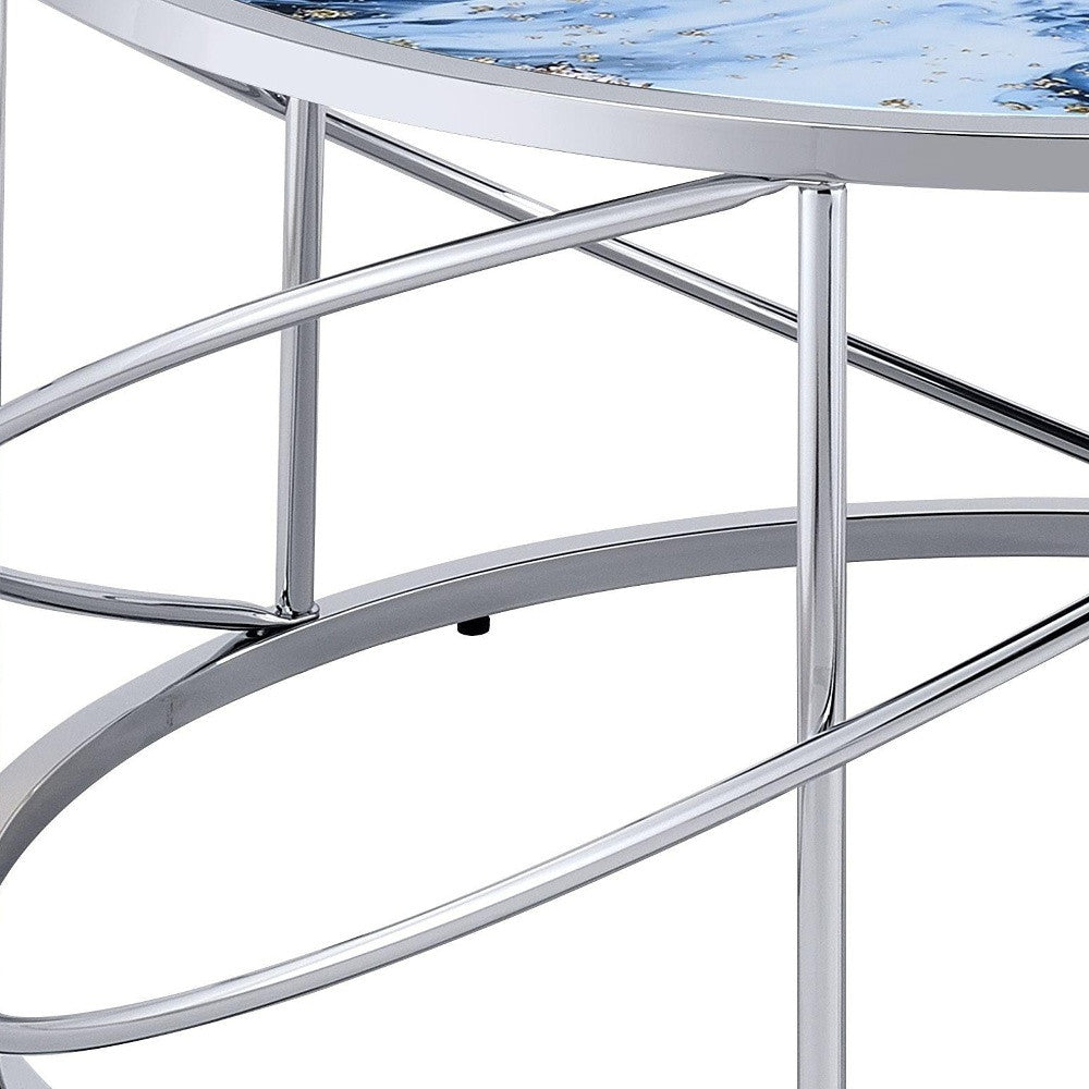 33" Blue and Silver Wood and Iron Faux Marble Geometric Frame Round Coffee Table - Loft&Timber