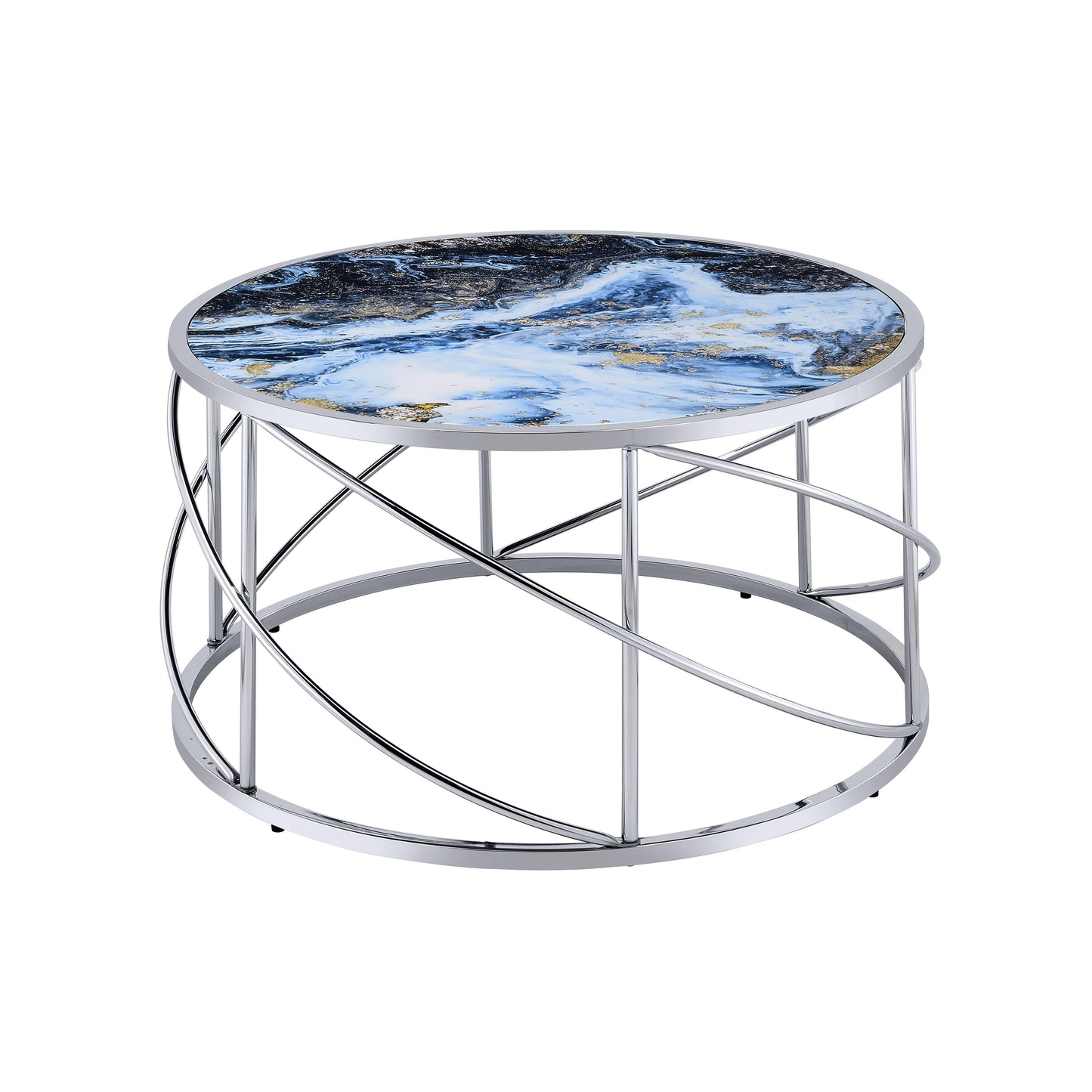 33" Blue and Silver Wood and Iron Faux Marble Geometric Frame Round Coffee Table - Loft&Timber