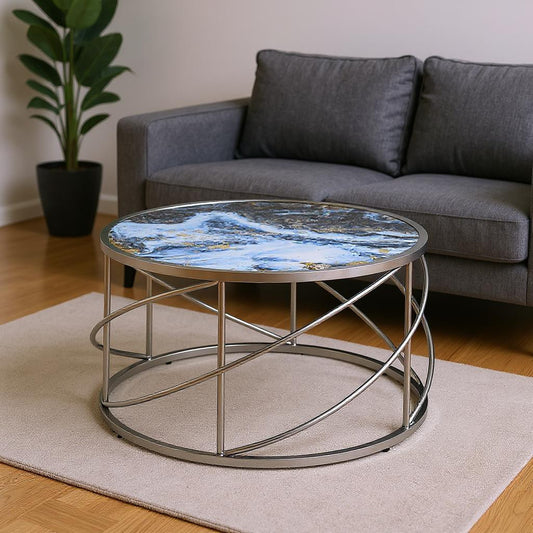 33" Blue and Silver Wood and Iron Faux Marble Geometric Frame Round Coffee Table - Loft&Timber