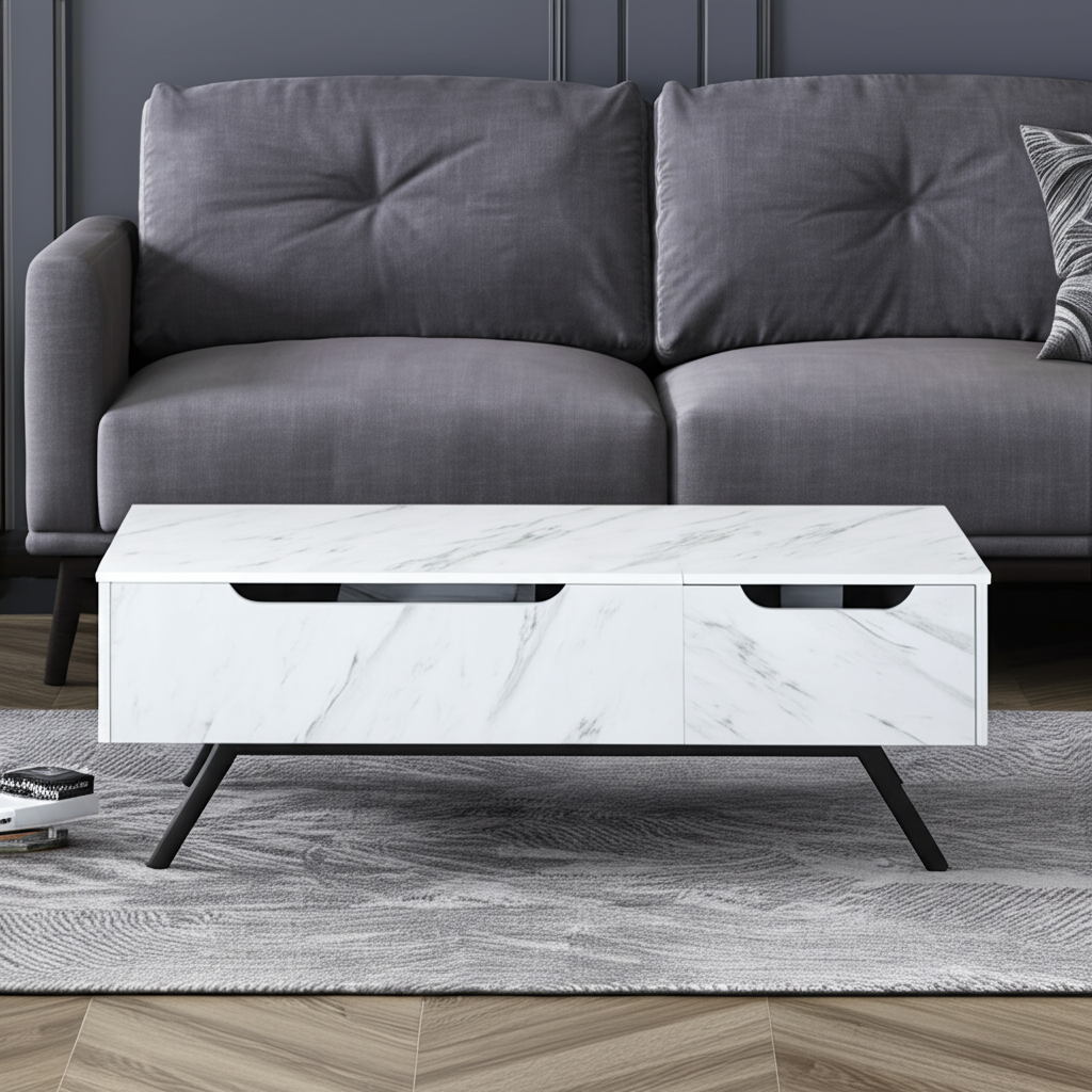 48" White and Black Wood and Steel Lift Top Coffee Table With Drawer - Loft&Timber