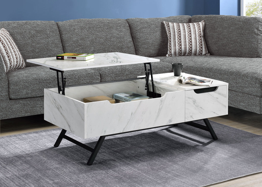 48" White and Black Wood and Steel Lift Top Coffee Table With Drawer - Loft&Timber