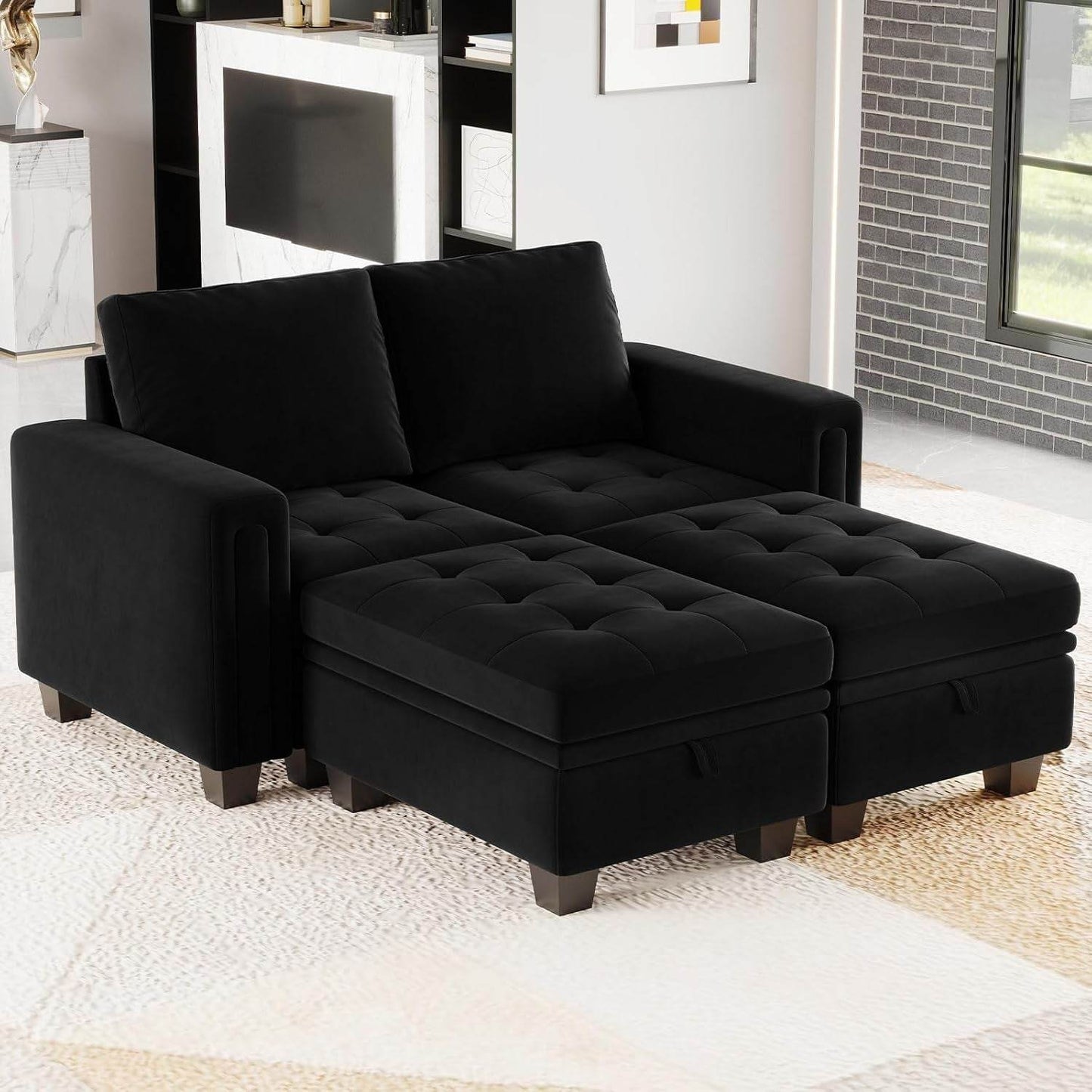 Velvet Modular Sectional Sofa Couch with Storage Convertible Sectional Sleeper Sofa Couch Bed Set with Reversible Chaise Black - Loft&Timber