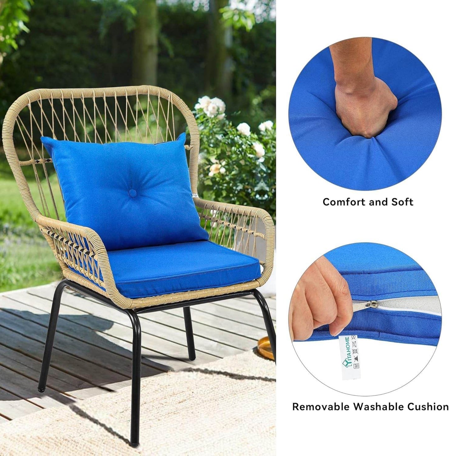 3-Piece Outdoor Patio Furniture Wicker Bistro Set, All-Weather Rattan Conversation Chairs for Backyard, Balcony and Deck with Soft Cushions, Glass Side Table (Light Brown+Navy Blue) - Loft&Timber
