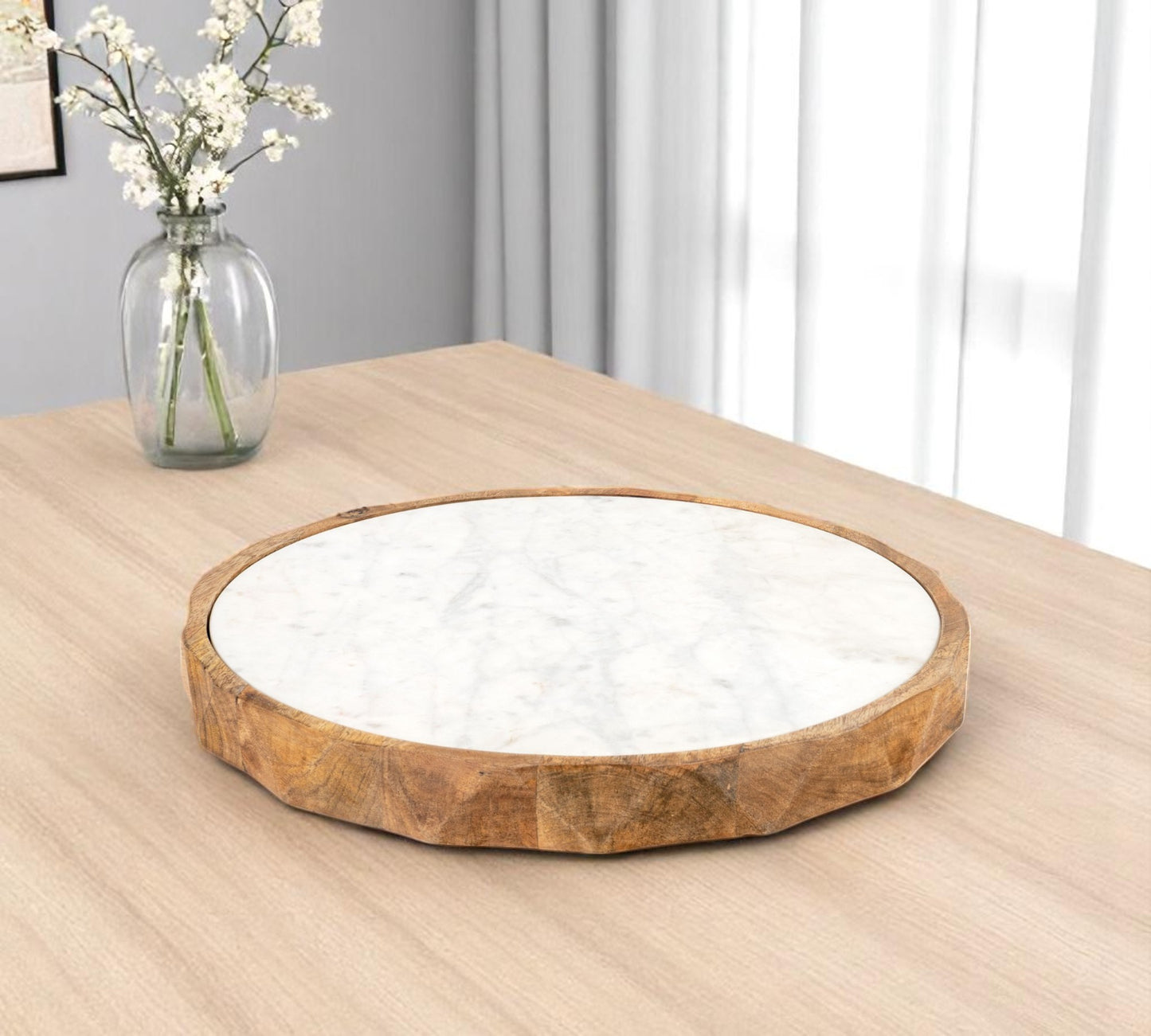 15" Brown And White Marble And Solid Wood Round Cheese Board - Loft&Timber