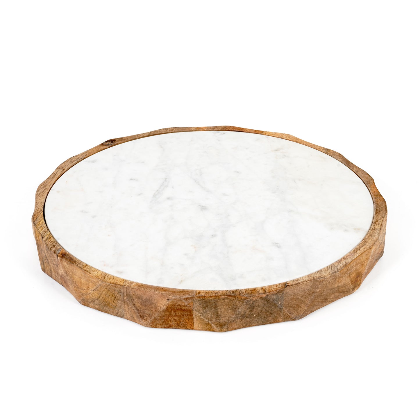 15" Brown And White Marble And Solid Wood Round Cheese Board - Loft&Timber