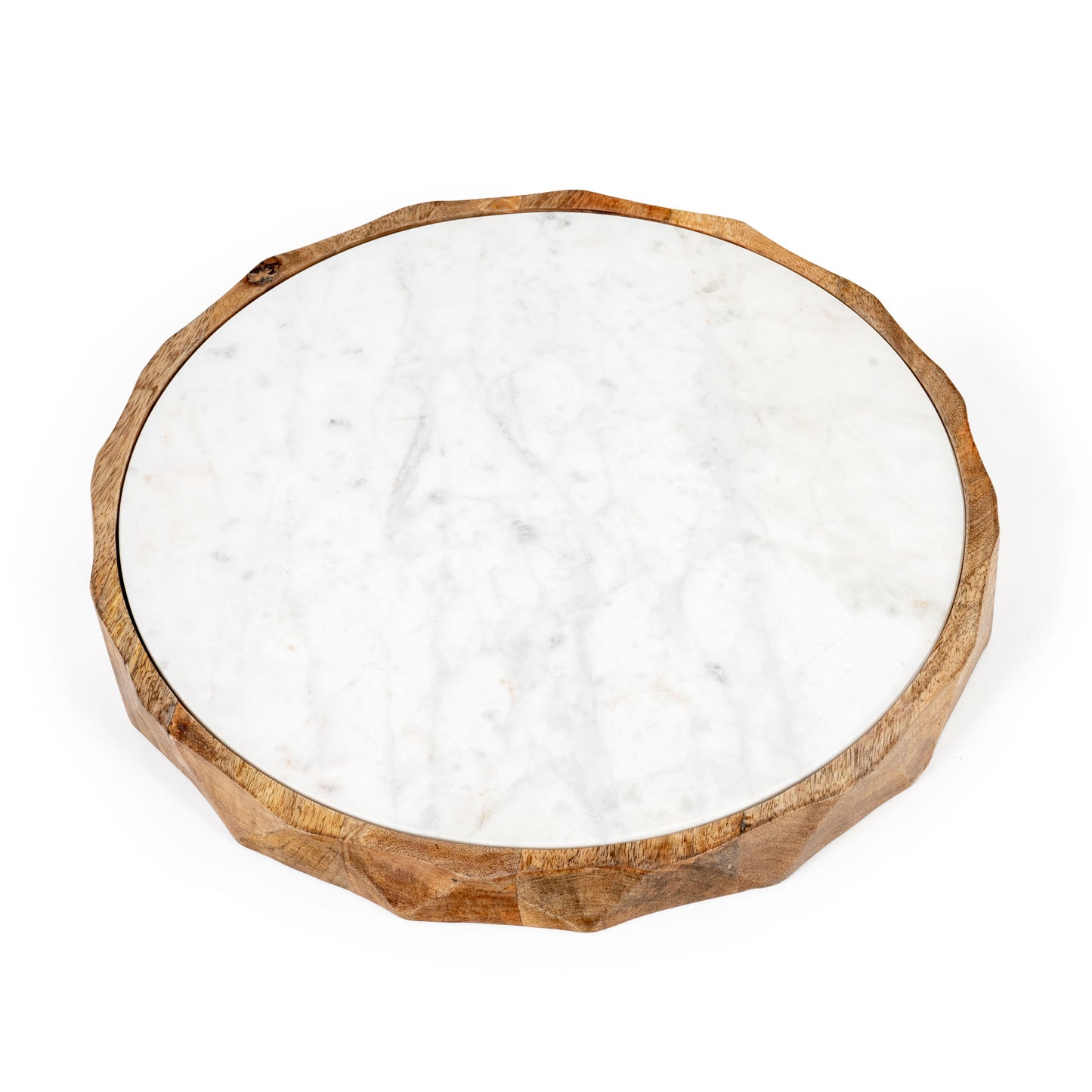 15" Brown And White Marble And Solid Wood Round Cheese Board - Loft&Timber
