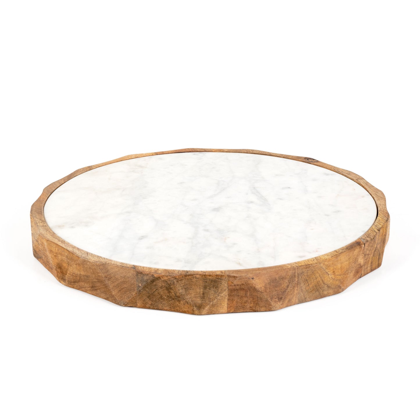 15" Brown And White Marble And Solid Wood Round Cheese Board - Loft&Timber