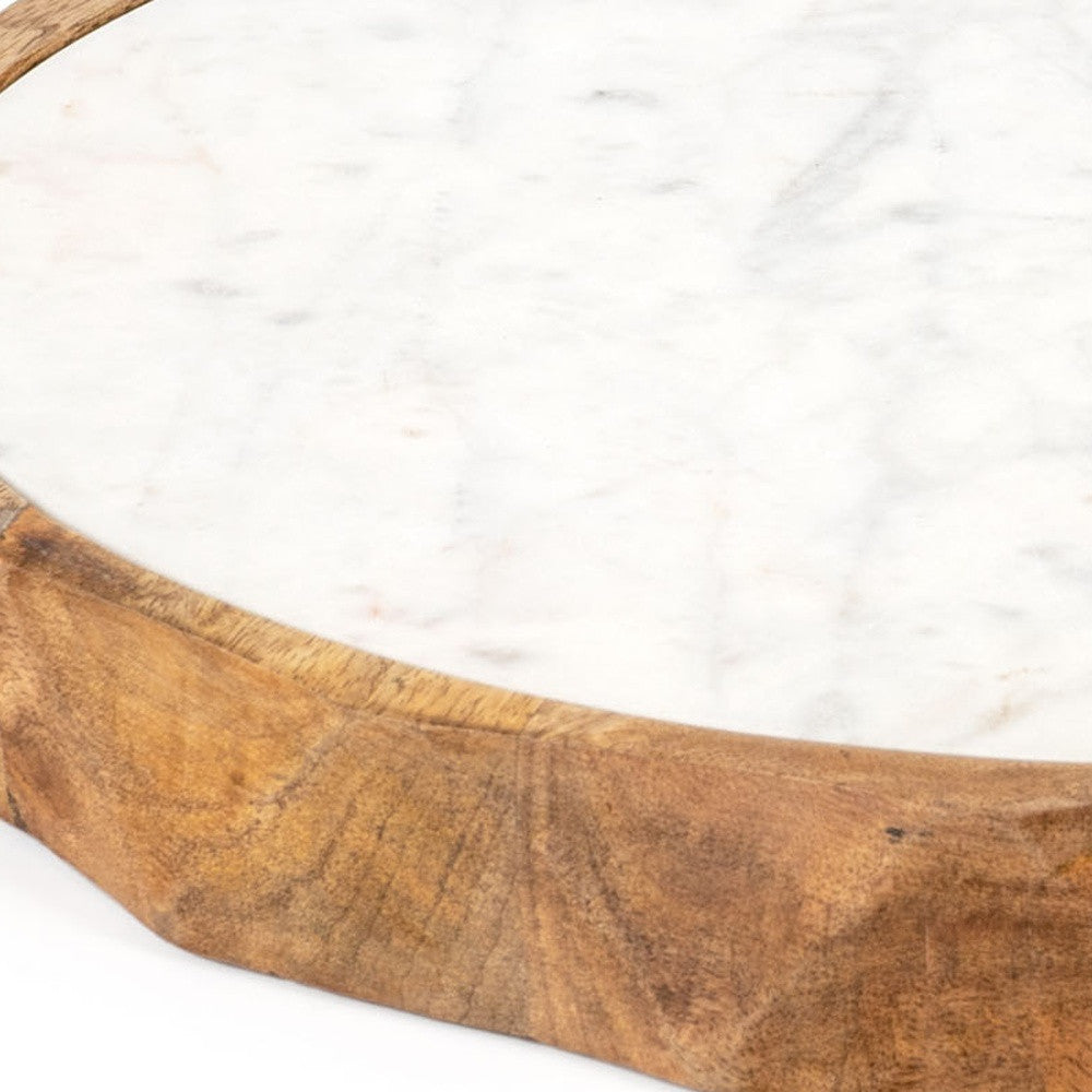 15" Brown And White Marble And Solid Wood Round Cheese Board - Loft&Timber