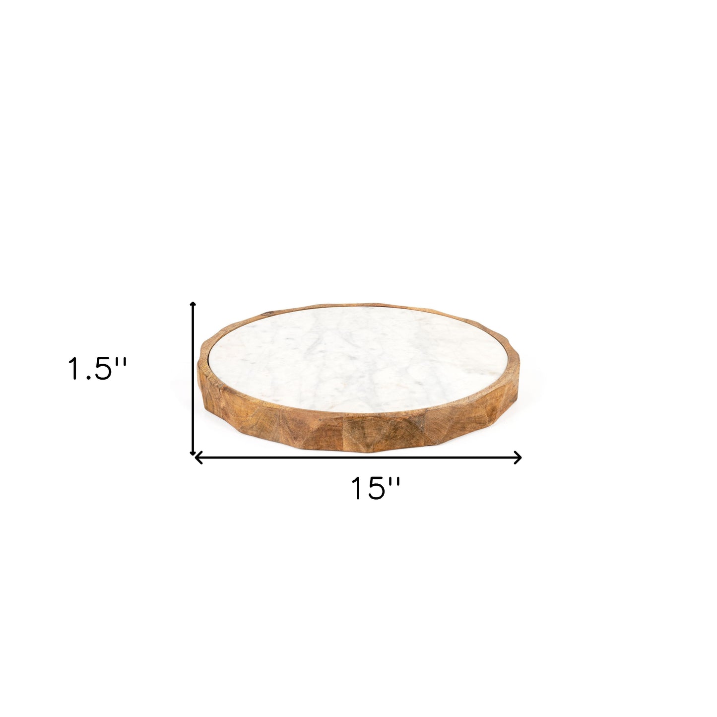 15" Brown And White Marble And Solid Wood Round Cheese Board - Loft&Timber