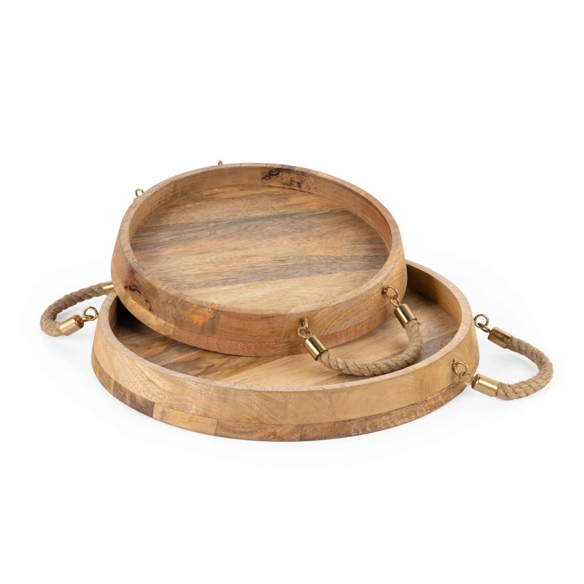 Set of Two Brown Round Solid Wood Serving Trays With Handles - Loft&Timber