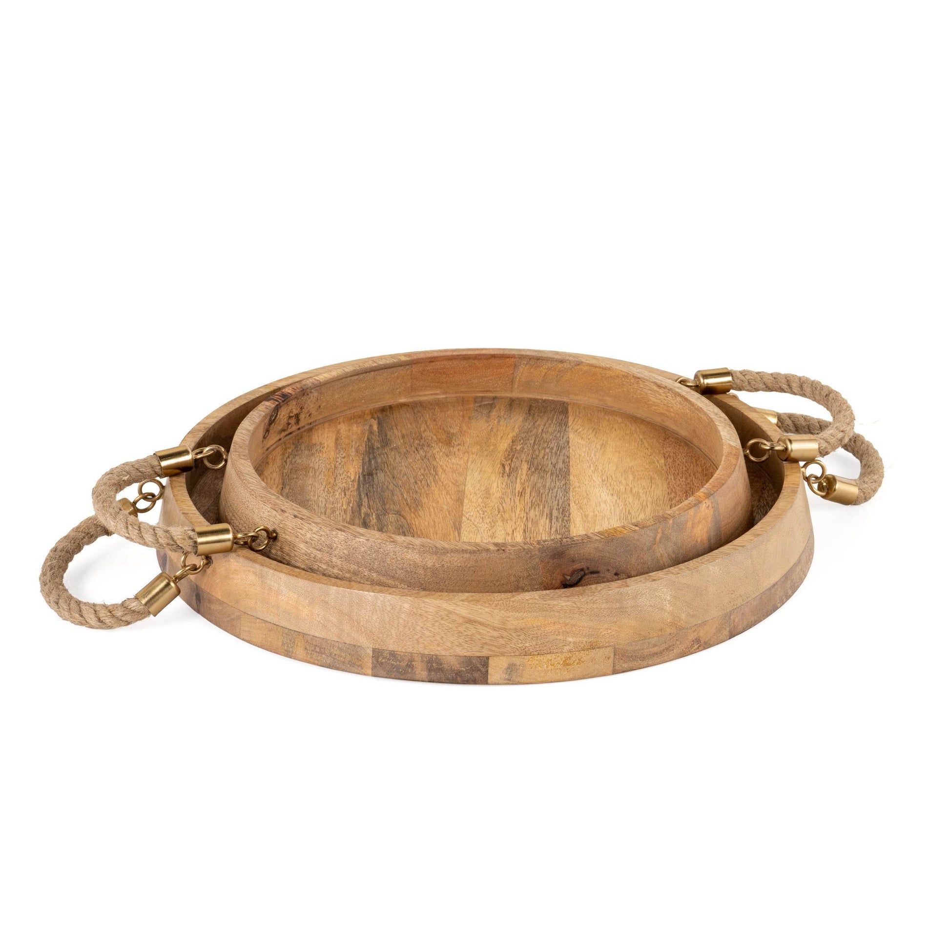 Set of Two Brown Round Solid Wood Serving Trays With Handles - Loft&Timber