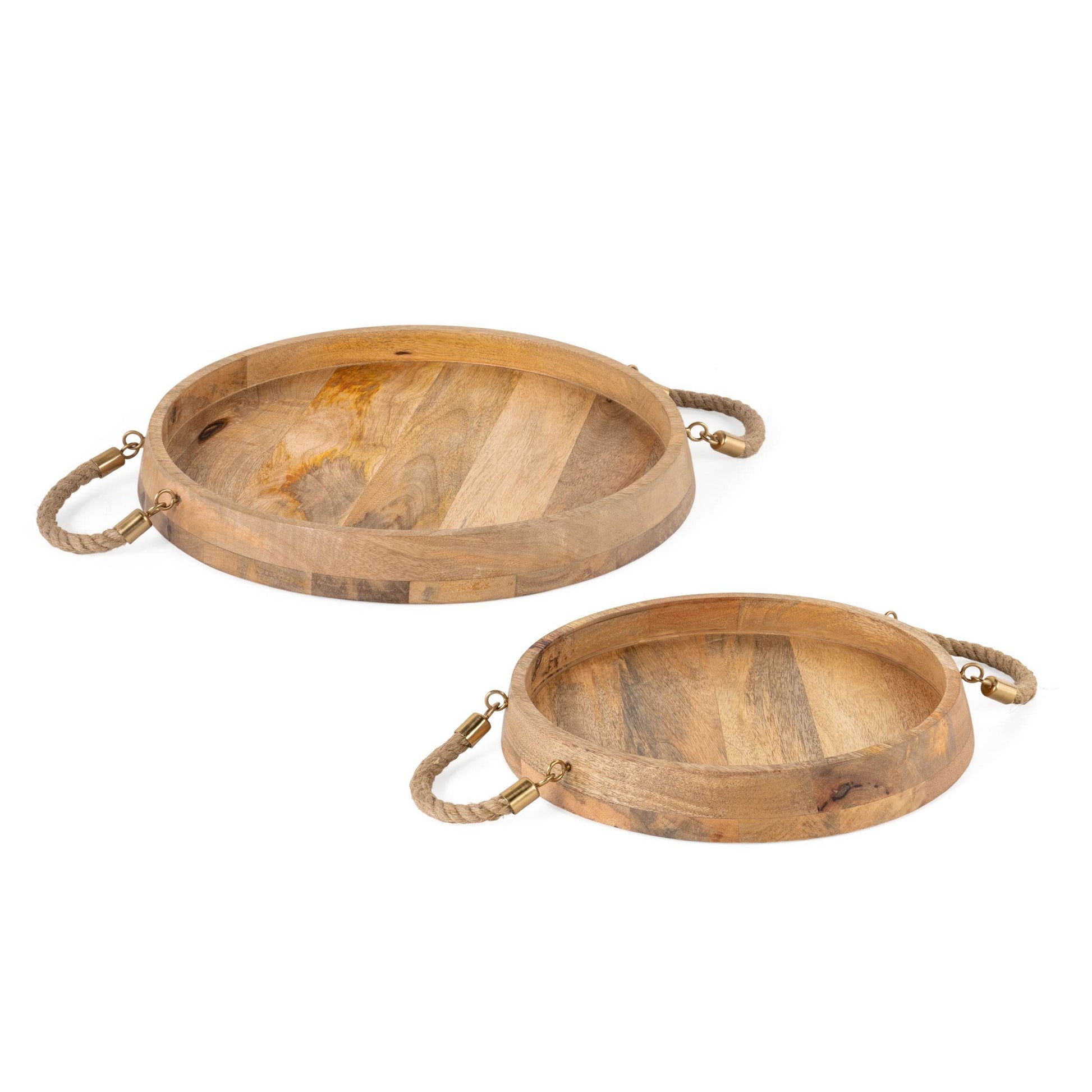 Set of Two Brown Round Solid Wood Serving Trays With Handles - Loft&Timber