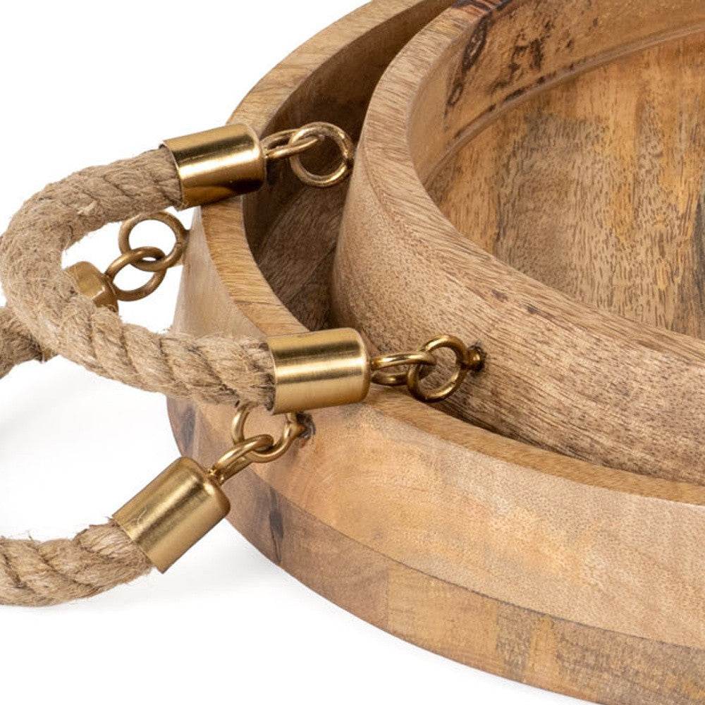 Set of Two Brown Round Solid Wood Serving Trays With Handles - Loft&Timber