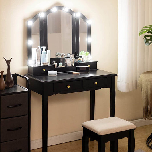 Tri-Fold Makeup Vanity with Lights, Mirror, Stool, 4 Drawers (Black) - Loft&Timber