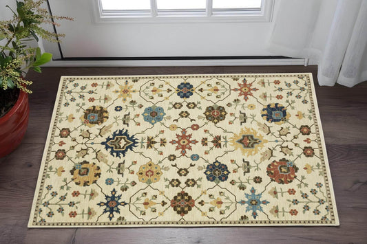 2' X 3' Ivory And Gold Oriental Area Rug With Fringe - Loft&Timber