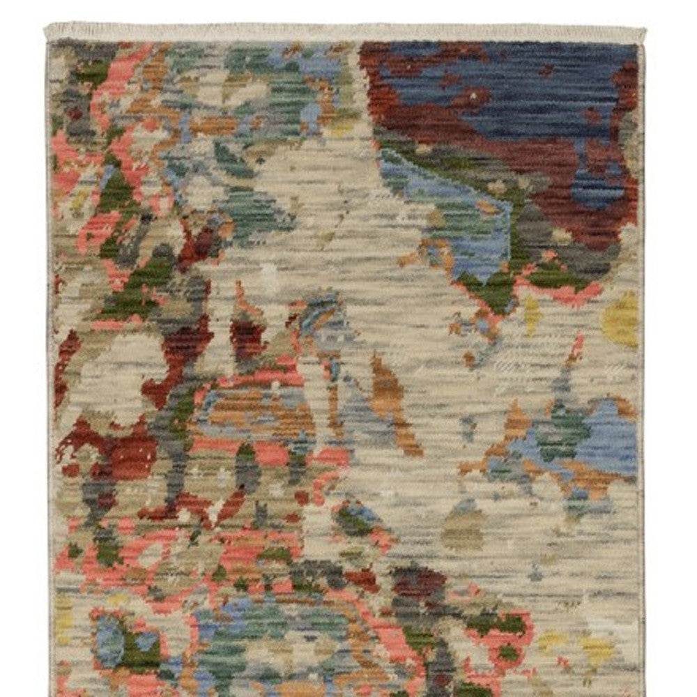 12' Beige Pink And Yellow Abstract Runner Rug With Fringe - Loft&Timber