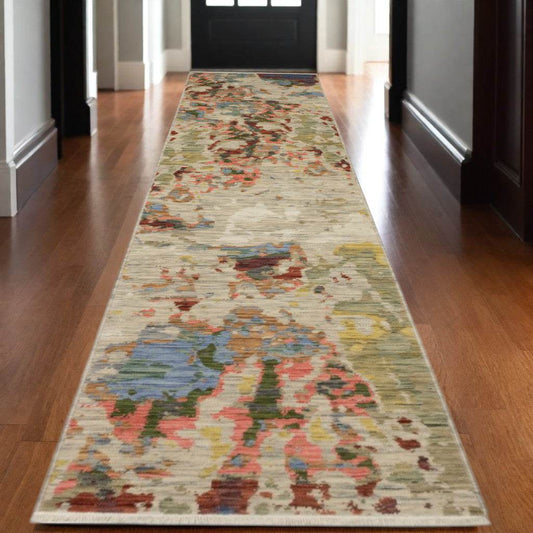 12' Beige Pink And Yellow Abstract Runner Rug With Fringe - Loft&Timber