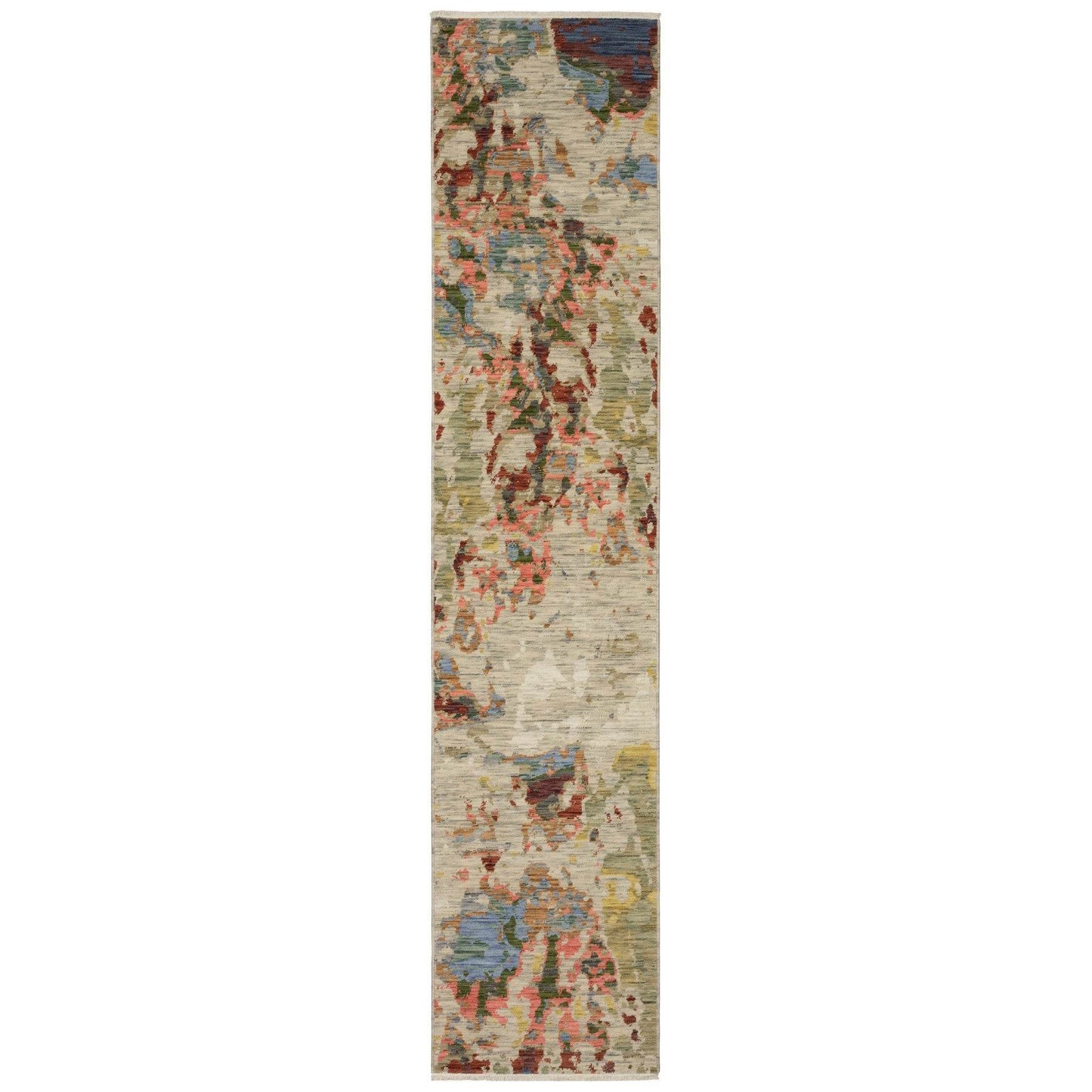 12' Beige Pink And Yellow Abstract Runner Rug With Fringe - Loft&Timber