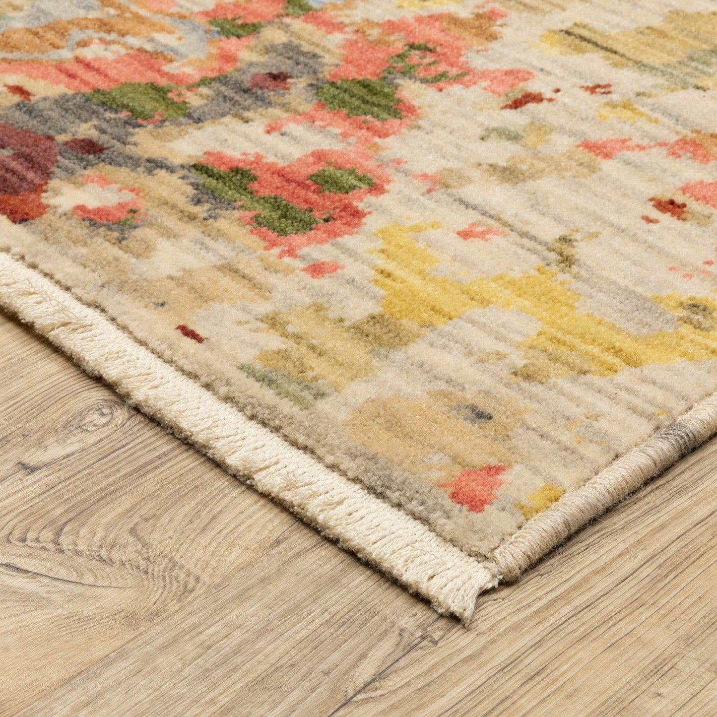 12' Beige Pink And Yellow Abstract Runner Rug With Fringe - Loft&Timber
