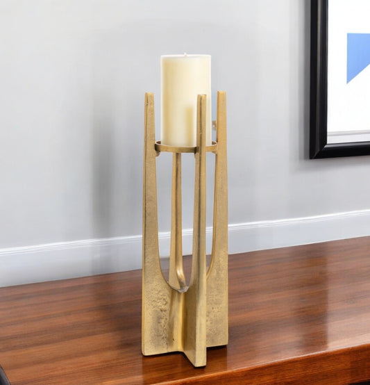 16" Gold Distressed Aluminum Geometric Tabletop Pillar Candle Holder - Loft&Timber